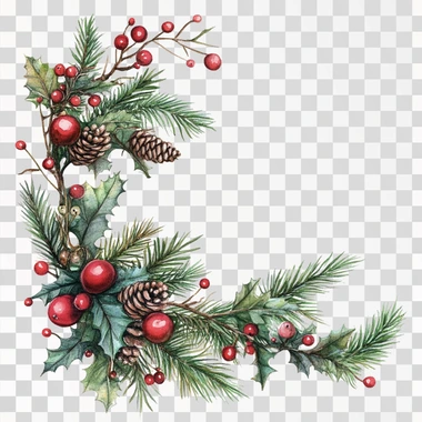 victorian christmas corner embellishments with fir, white background , watercolor painting
