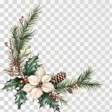 victorian christmas corner embellishments with fir, white background , watercolor painting
