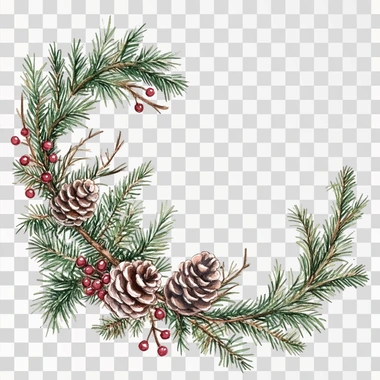 victorian christmas corner embellishments with fir, white background , watercolor painting