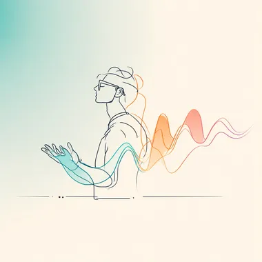 A minimalist line illustration of a programmer with closed eyes, fingers hovering mid-air, and from their chest emerges a glowing waveform of music and code, flowing in perfect alignment. Background is pure white with soft gradients. Teal, coral, and lavender tones. Created Using: minimalist flow concept, linework-focused illustration, sound-coding unification metaphor, emotional design cues, harmony loop representation, vibecoding identity, intentional light balance, clarity-focused art  rofile xup3nze