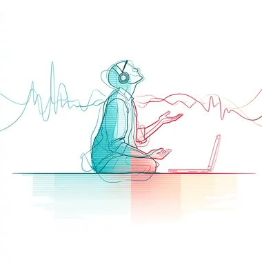A minimalist line illustration of a programmer with closed eyes, fingers hovering mid-air, and from their chest emerges a glowing waveform of music and code, flowing in perfect alignment. Background is pure white with soft gradients. Teal, coral, and lavender tones. Created Using: minimalist flow concept, linework-focused illustration, sound-coding unification metaphor, emotional design cues, harmony loop representation, vibecoding identity, intentional light balance, clarity-focused art  rofile xup3nze