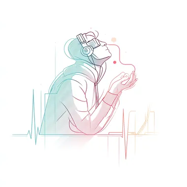 A minimalist line illustration of a programmer with closed eyes, fingers hovering mid-air, and from their chest emerges a glowing waveform of music and code, flowing in perfect alignment. Background is pure white with soft gradients. Teal, coral, and lavender tones. Created Using: minimalist flow concept, linework-focused illustration, sound-coding unification metaphor, emotional design cues, harmony loop representation, vibecoding identity, intentional light balance, clarity-focused art  rofile xup3nze