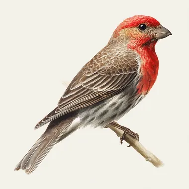 19th-century natural history illustration of a house finch (Haemorhous mexicanus), full body side profile perched on a slender twig, small rounded body with streaked brown back and wings, bright reddish head and chest, short conical bill, hand-drawn engraving style with muted natural colors, minimal fine detail for clarity when scaled down, plain white background.