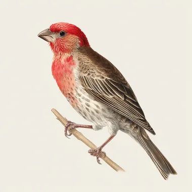 19th-century natural history illustration of a house finch (Haemorhous mexicanus), full body side profile perched on a slender twig, small rounded body with streaked brown back and wings, bright reddish head and chest, short conical bill, hand-drawn engraving style with muted natural colors, minimal fine detail for clarity when scaled down, plain white background.