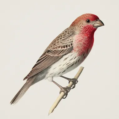 19th-century natural history illustration of a house finch (Haemorhous mexicanus), full body side profile perched on a slender twig, small rounded body with streaked brown back and wings, bright reddish head and chest, short conical bill, hand-drawn engraving style with muted natural colors, minimal fine detail for clarity when scaled down, plain white background.