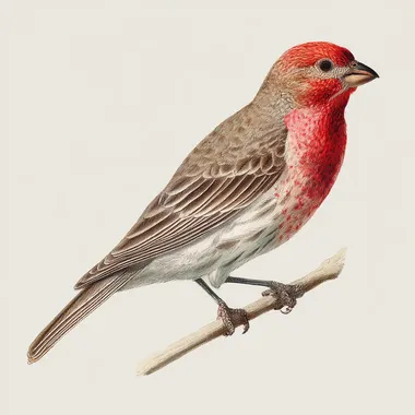19th-century natural history illustration of a house finch (Haemorhous mexicanus), full body side profile perched on a slender twig, small rounded body with streaked brown back and wings, bright reddish head and chest, short conical bill, hand-drawn engraving style with muted natural colors, minimal fine detail for clarity when scaled down, plain white background.