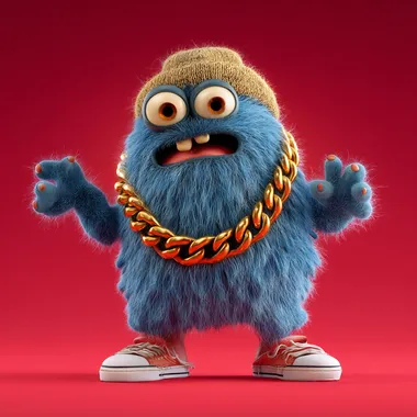 bulky blue monster in rapper clothes with giantgolden chain with very long fur and big round eyes without mouth; dancing; ape-like; isolated on red; pixar style;  --raw