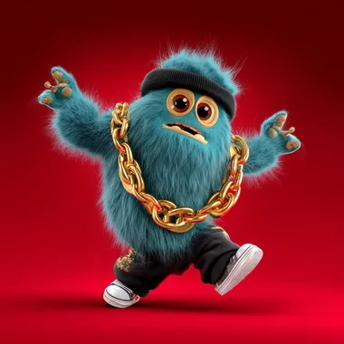 bulky blue monster in rapper clothes with giantgolden chain with very long fur and big round eyes without mouth; dancing; ape-like; isolated on red; pixar style;  --raw