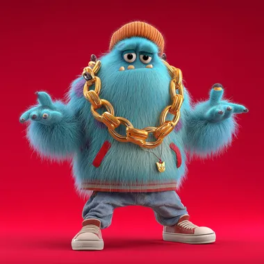 bulky blue monster in rapper clothes with giantgolden chain with very long fur and big round eyes without mouth; dancing; ape-like; isolated on red; pixar style;  --raw