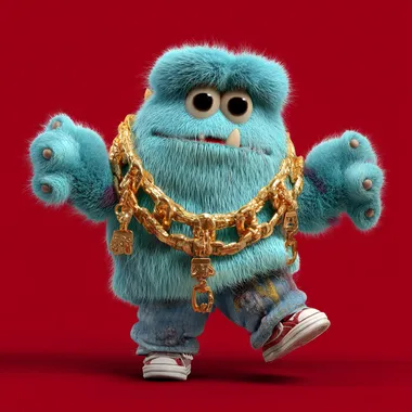 bulky blue monster in rapper clothes with giantgolden chain with very long fur and big round eyes without mouth; dancing; ape-like; isolated on red; pixar style;  --raw