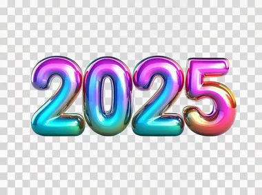 Bold 3D bubble numbers "2025", futuristic vibrant colors, rounded glossy surfaces, isolated against a pure white background, wide-angle lens, soft natural shadows, ultra-realistic style