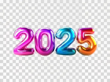 Bold 3D bubble numbers "2025", futuristic vibrant colors, rounded glossy surfaces, isolated against a pure white background, wide-angle lens, soft natural shadows, ultra-realistic style