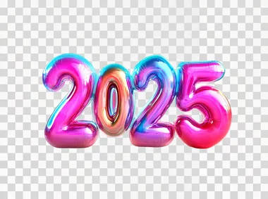 Bold 3D bubble numbers "2025", futuristic vibrant colors, rounded glossy surfaces, isolated against a pure white background, wide-angle lens, soft natural shadows, ultra-realistic style