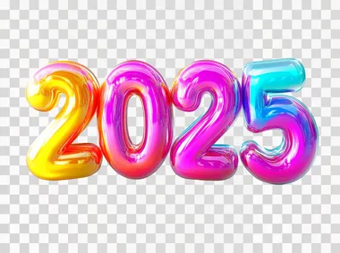 Bold 3D bubble numbers "2025", futuristic vibrant colors, rounded glossy surfaces, isolated against a pure white background, wide-angle lens, soft natural shadows, ultra-realistic style
