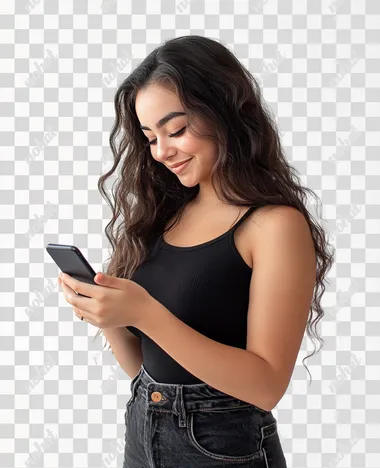 27 year old woman with Latin appearance, she is very happy looking at her cell phone, she is standing in profile, white background, full flat profile camera view