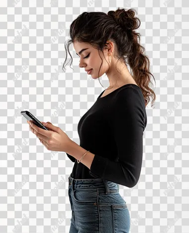 27 year old woman with Latin appearance, she is very happy looking at her cell phone, she is standing in profile, white background, full flat profile camera view