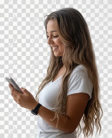 27 year old woman with Latin appearance, she is very happy looking at her cell phone, she is standing in profile, white background, full flat profile camera view