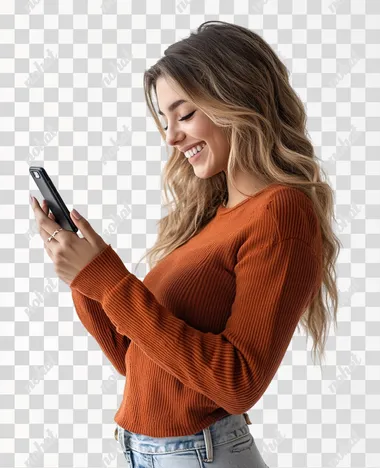 27 year old woman with Latin appearance, she is very happy looking at her cell phone, she is standing in profile, white background, full flat profile camera view