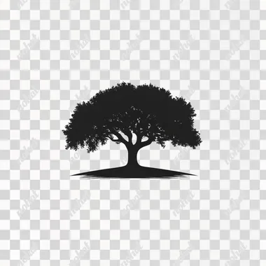 Black vector tree silhouette logo on a white background, a simple design with an elegant and professional look. The tree is large, with leaves covering the entire top of it, in a solid black color with a vector art style. The design features elegant elements, high resolution, no shadows, sharp edges, clean lines, and a symmetrical composition on a white background. This is a high-quality, high-contrast image, created by a professional graphic designer or artist.  --s 250