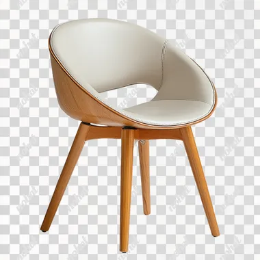 Modern dining chair with wooden legs and backrest, light-colored leather seat cushion, front view, white background, high-resolution photography, product design display, in the style of Nordic style. --s 250