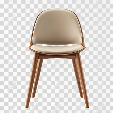 Modern dining chair with wooden legs and backrest, light-colored leather seat cushion, front view, white background, high-resolution photography, product design display, in the style of Nordic style. --s 250