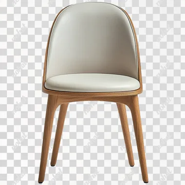 Modern dining chair with wooden legs and backrest, light-colored leather seat cushion, front view, white background, high-resolution photography, product design display, in the style of Nordic style. --s 250