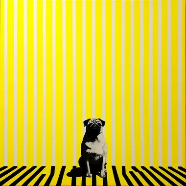 Minimalist Acrylic paint on yellow and white striped cotton canvas with little black pug sitting in the bottom of the painting. In the style of Daniel Buren