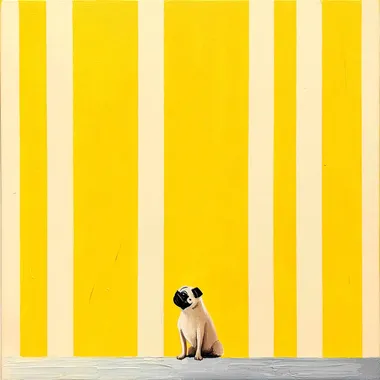 Minimalist Acrylic paint on yellow and white striped cotton canvas with little black pug sitting in the bottom of the painting. In the style of Daniel Buren
