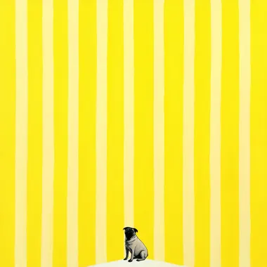 Minimalist Acrylic paint on yellow and white striped cotton canvas with little black pug sitting in the bottom of the painting. In the style of Daniel Buren