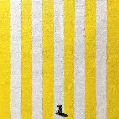 Minimalist Acrylic paint on yellow and white striped cotton canvas with little black pug sitting in the bottom of the painting. In the style of Daniel Buren