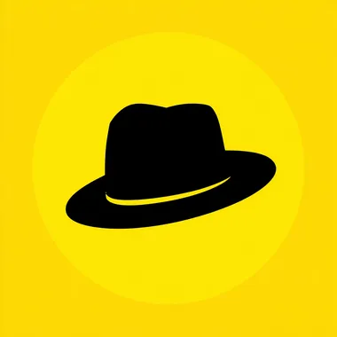 flat icon of a hat, black solid silhouette on bright yellow circle background, minimal pictogram style, bold and simple shape, high contrast, no outline, no gradient, centered design