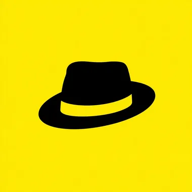 flat icon of a hat, black solid silhouette on bright yellow circle background, minimal pictogram style, bold and simple shape, high contrast, no outline, no gradient, centered design