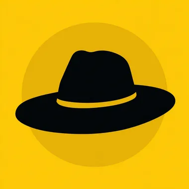flat icon of a hat, black solid silhouette on bright yellow circle background, minimal pictogram style, bold and simple shape, high contrast, no outline, no gradient, centered design
