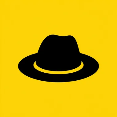 flat icon of a hat, black solid silhouette on bright yellow circle background, minimal pictogram style, bold and simple shape, high contrast, no outline, no gradient, centered design