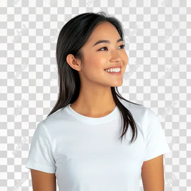 28w A side portrait, full-body shot, A beautiful smiling and confident Asian woman wearing a white t-shirt,, solid white background, wide angle view,funny action,funny post