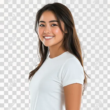 28w A side portrait, full-body shot, A beautiful smiling and confident Asian woman wearing a white t-shirt,, solid white background, wide angle view,funny action,funny post