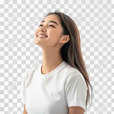 28w A side portrait, full-body shot, A beautiful smiling and confident Asian woman wearing a white t-shirt,, solid white background, wide angle view,funny action,funny post