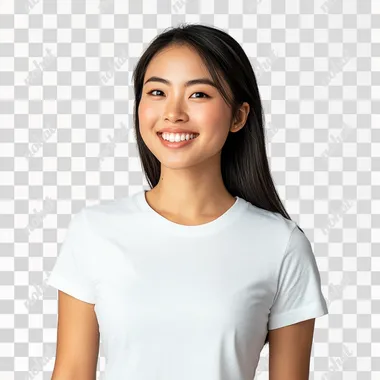 28w A side portrait, full-body shot, A beautiful smiling and confident Asian woman wearing a white t-shirt,, solid white background, wide angle view,funny action,funny post