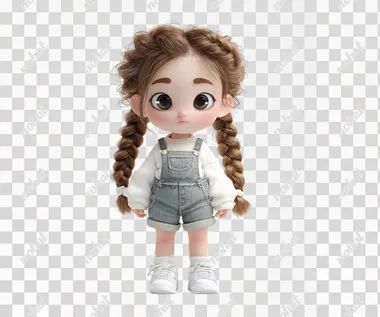 A super cute 3D chibi girl with a baby face,toddler proportions,extra puffy cheeks, big glossy eyes, soft puffy cheeks, and warm expression. She has brown braided pigtails, wearing a white long-sleeve shirt tucked into light denim overalls with rolled cuffs, and white sneakers. [pose & expression here]. plain white background, studio lighting, ultra-realistic Pixar-style render, high detail, full body, suitable for LINE sticker.