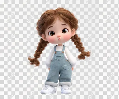 A super cute 3D chibi girl with a baby face,toddler proportions,extra puffy cheeks, big glossy eyes, soft puffy cheeks, and warm expression. She has brown braided pigtails, wearing a white long-sleeve shirt tucked into light denim overalls with rolled cuffs, and white sneakers. [pose & expression here]. plain white background, studio lighting, ultra-realistic Pixar-style render, high detail, full body, suitable for LINE sticker.