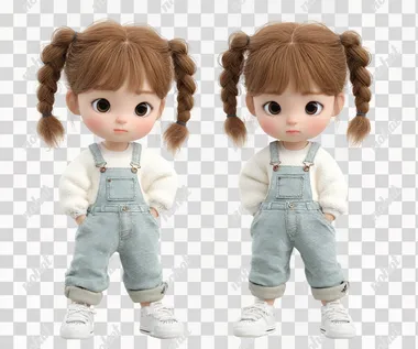 A super cute 3D chibi girl with a baby face,toddler proportions,extra puffy cheeks, big glossy eyes, soft puffy cheeks, and warm expression. She has brown braided pigtails, wearing a white long-sleeve shirt tucked into light denim overalls with rolled cuffs, and white sneakers. [pose & expression here]. plain white background, studio lighting, ultra-realistic Pixar-style render, high detail, full body, suitable for LINE sticker.