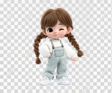 A super cute 3D chibi girl with a baby face,toddler proportions,extra puffy cheeks, big glossy eyes, soft puffy cheeks, and warm expression. She has brown braided pigtails, wearing a white long-sleeve shirt tucked into light denim overalls with rolled cuffs, and white sneakers. [pose & expression here]. plain white background, studio lighting, ultra-realistic Pixar-style render, high detail, full body, suitable for LINE sticker.