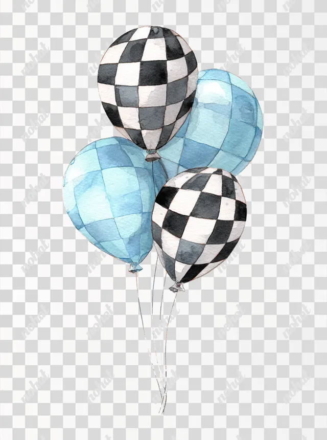 PNG Cute Watercolor Party Balloons with Checkered Pattern