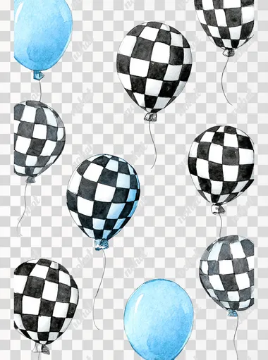 watercolor cute cartoon illustration style, party balloons with racetrack style checkered pattern, pastel blue and black and white tones, isolated on white background