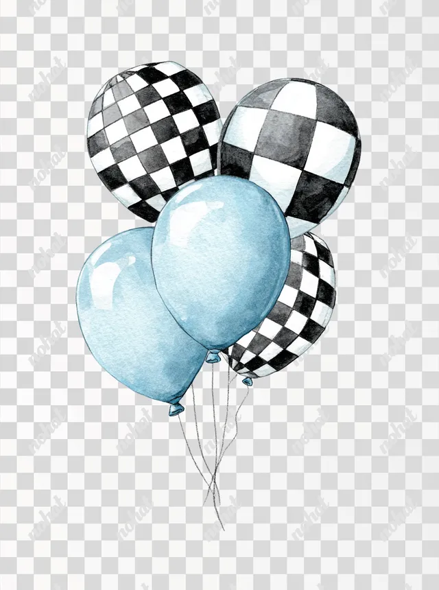 PNG Cute Watercolor Party Balloons with Checkered Pattern
