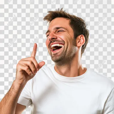 a 30 years old man laughing, pointing his finger, high resolution, white background --s 50