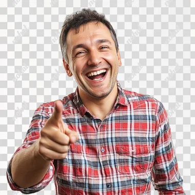 a 30 years old man laughing, pointing his finger, high resolution, white background --s 50