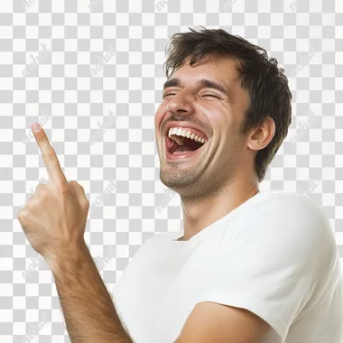 a 30 years old man laughing, pointing his finger, high resolution, white background --s 50