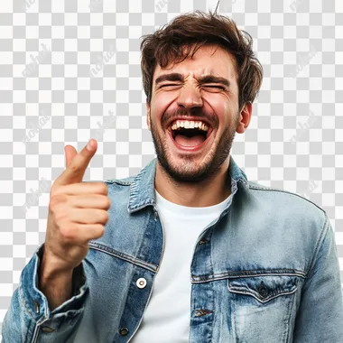 a 30 years old man laughing, pointing his finger, high resolution, white background --s 50