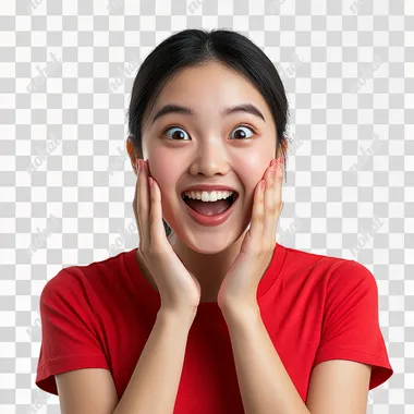 an asian women showing a celebration pose, his hands are cupping his cheeks in an excited pose, wear cherry red t-shirt, hands open, white background